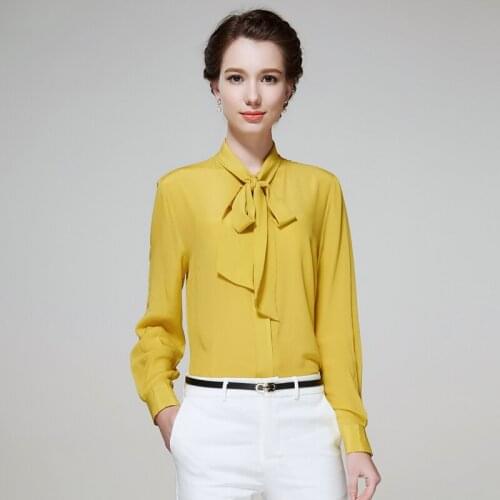 Spring Fashion 100% Silk Blouse Women Office Womens Shirt Long Sleeve Womens Tops and Blouses Bow-tie blusa feminina YQ151