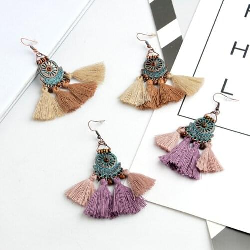 Drop Earrings Bronze Round Charm and Beaded Pink Brown Cotton Tassel Earrings Tassel Jewelry Women Jewelry Gift for her
