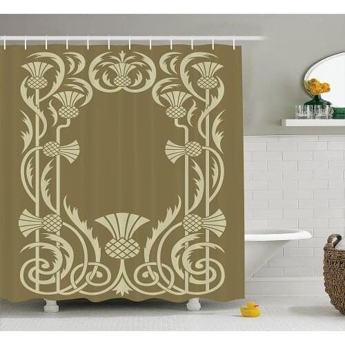 Art Nouveau Shower Curtain Floral Border with Tropical Pineapple Fruits Leaves Retro Style Swirls Waterproof Bath Curtains