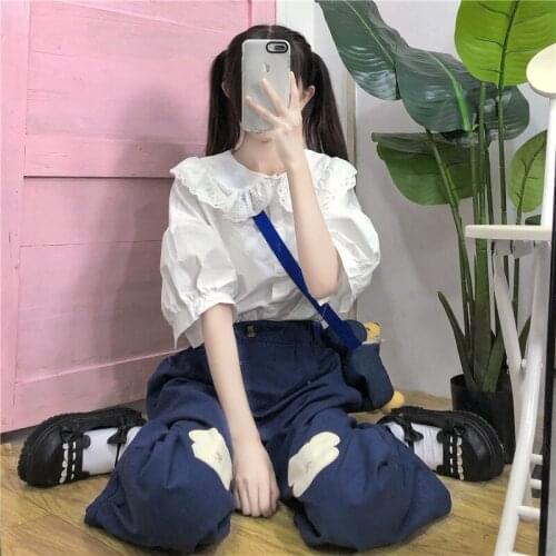 Japanese Sweet Kawaii Lolita Style Women Pant 2020 Summer High Waist Loose Trousers Cute Bear Kawaii Sweet Preppy Capri Female