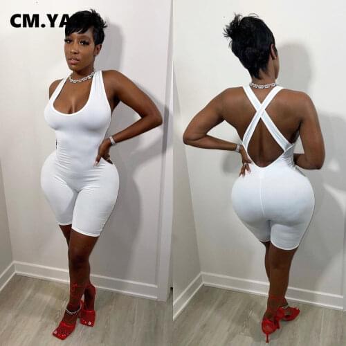 CM.YAYA Women Playsuit Solid Sleeveless O-neck Sheath Elastic Bodycon Playsuits Casual Tracksuits Summer Outfits 2021