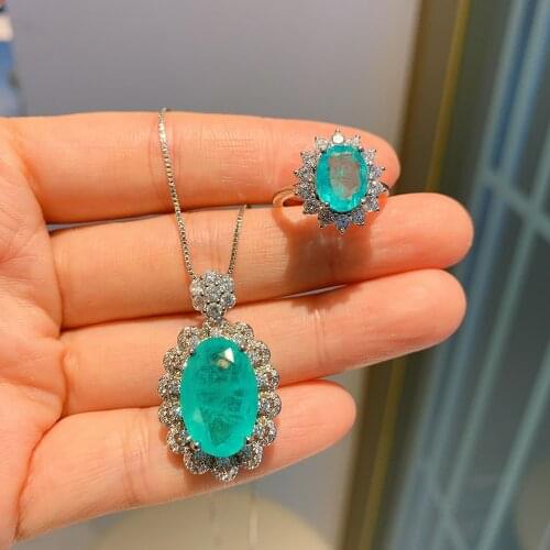 2021 New Trend 925 Sterling Silver Paraiba Tourmaline Gemstone Rings Pendant Necklace Wedding Party Fine Jewelry Sets for Women