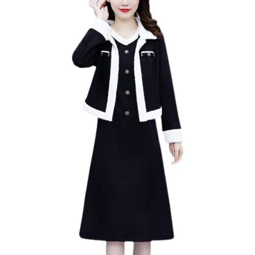 Plus Size Women Autumn Winter Small Fragrance Plus Velvet Dress Suit Female 2021 Temperament Was Thin Short Coat Two-Piece Suit