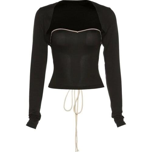 Sexy Two Piece Set Women Vintage Cardigan Long Sleeve Sleeveless Tube Crop Top Back Lace-up Vest Casual High Street Wear Summer