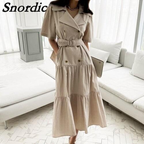 2021 Women Summer Khaki Long Blazer-dress Sashes Double Breasted Lapel Collar Pleat A-line Midi Sundress