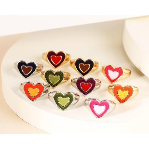 Double Layer Love Rings for Women Double Color Sweet Open Ring Dripping Oil Heart Ring Color Summer Carnival Party Jewelry