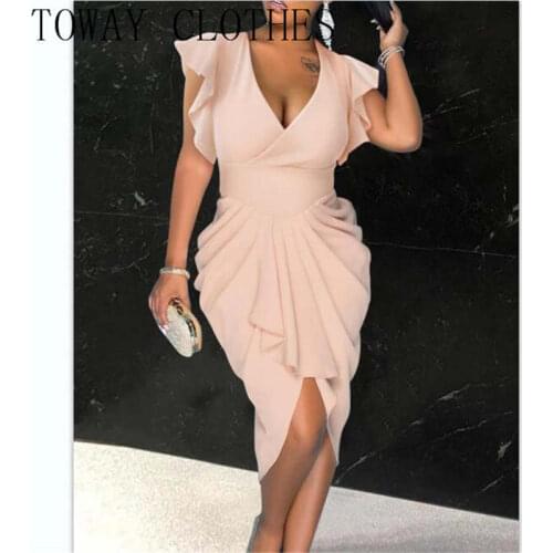 Plain Cap Sleeve Solid V-Neck Flutter Sleeve Bodycon Dress Chic Glamorous Midi Summer Dresses For Women 2021