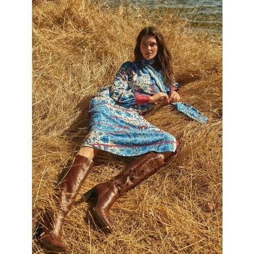 Women Blue Floral Pattern Belted Oversize Midi V Neck Wrap Dress Beach Holiday Dresses Casual Bohemian Spring Summer 2021 New