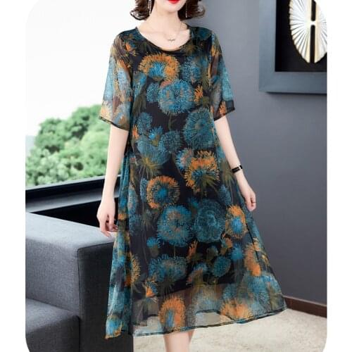 Summer Casual Floral Mulberry Silk Midi Dress 2021 Women Vintage Loose 4XL Plus Size Print Dress Elegant Bodycon Party Vestidos