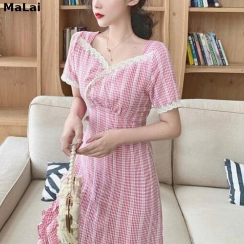 Vintage Pink Plaid Dress Women Kawaii Designer Sweet Open Fork Fishtail Dresses French Cute Cottagecore Midi Dresses 2021 Summer