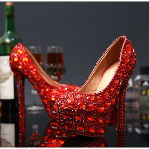2018 High Heel Red Rhinestones Formal Shoes Elegant Wedding Shoes Formal Crystal Occasion Fashionable Bridal Shoes Free Shipping