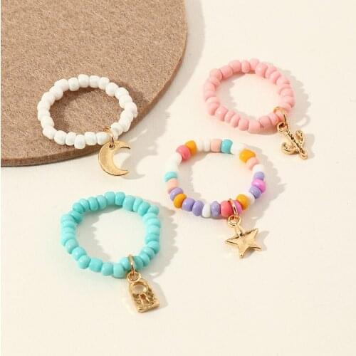 4pcs/set Beaded Ring Set Rainbow Star Moon Cactus Charm Finger Jewelry Bohemian Jewelry Women Girl Gifts