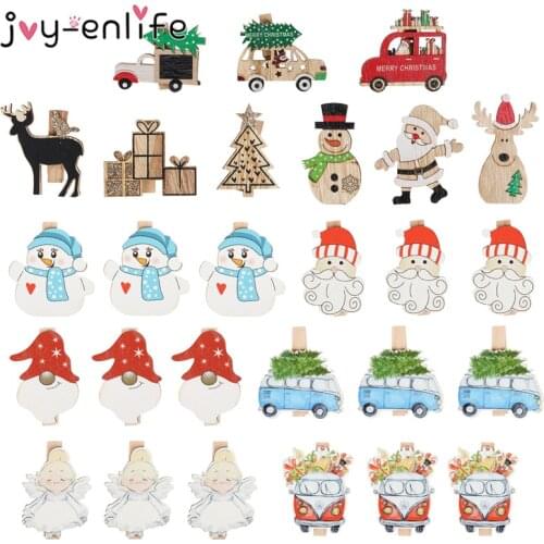 6pcs Creative Christmas Wooden Cartoon Santa Snowman Clip Memo Paper Clips Xmas Decoration for Home Clothespin Craft Photo Clips