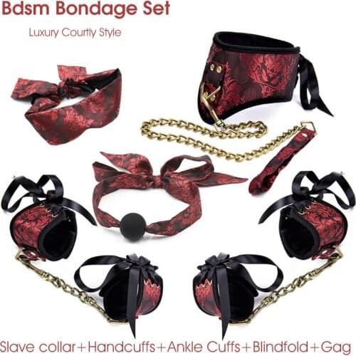 Erotic Courtly Style Bdsm Bondage Set Slave Collar HandCuffs Ankle Cuffs Blindfold Gag Adult Games Sex Toys for Woman Sex Shop