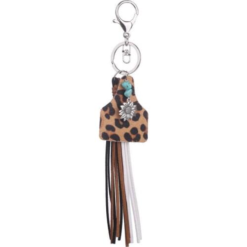 Metal Sunflower Charm Genuine Leather Cow Leopard Cow Tag Velvet Tassel Keychain Natural Stone Key Chain Wholesale