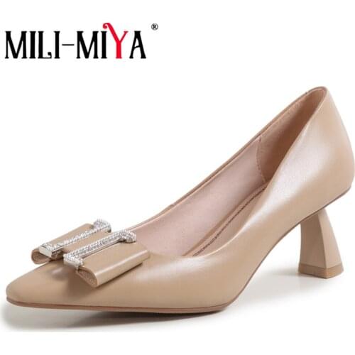 MILI-MIYA Fashion Women Genuine Leather Pumps Slip On Pointed Toe Thick Heels Dress Party Office Career Shoes Plus Size 34-42