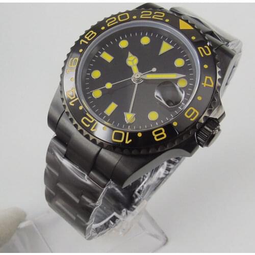 Black 40mm Men Watch GMT Automatic Movement Sapphire Glass Rotating Bezel Deployment Clasp