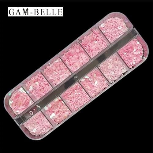 GAM-BELLE 12 Grid/Set Mixed Shape Nail Glitter Sequins Holographic 3D Flakes Slices Laser Nail Art Decoration Accessories
