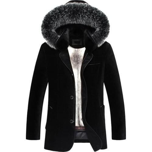 Detachable Mens Mink Fur Coat with Gold Velvet Fabric Mens Fox Fur Collar Fur Coat Mens Winter Warm Leather Jacket Trench Coat