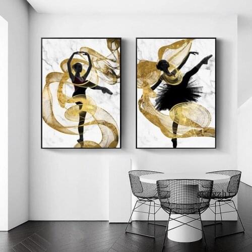 Gold Ribbon Ballet Girl Nordic Poster Marble Pattern Canvas Painting and Prints Modern Wall Art Picture Living Room Decoration