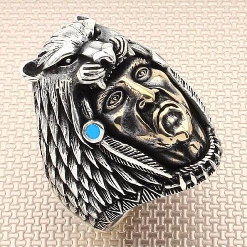 Injun and Lion Silver Ring With Blue Raw Turquoise Stone Men Silver Ring Made In Turkey Solid 925 Sterling Silver