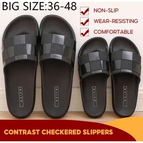 2021 New Fashion Mens Slippers PVC Women Couple Big Size 36-48 Soft Black Grid Casual Summer Male Non-Slip Bathroom Slippers
