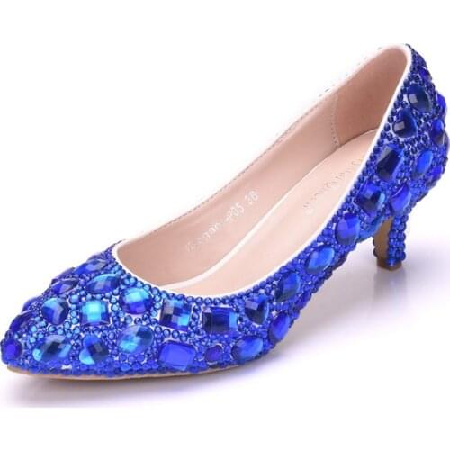 Women pumps wedding Party banquet PU Rhinestones Slip On 5CM Thin High Heels Pointed Toe high heels women shoes size 35-42