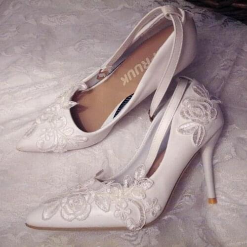 9cm thin high heels white lace wedding shoes woman sexy point toes brides lady party proms dress pumps shoes ankle straps