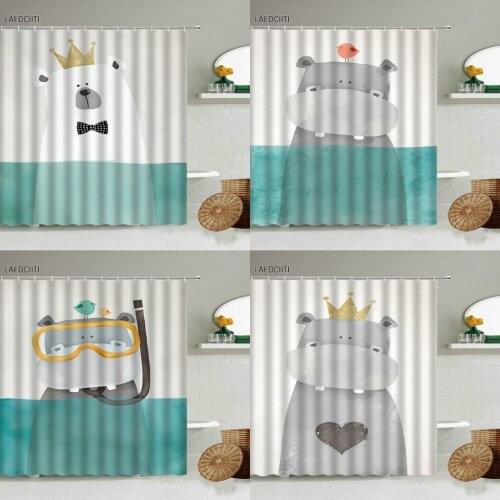 Cartoon Animal Shower Curtain Kids Bathroom Decoration Cute Fun Crown Love Bear Pattern Waterproof With Hook Screen Home Decor