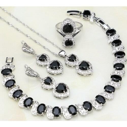 Jewelry Sets of 925 Silver Black Stones White Crystal For Women Party Decoration Necklace/Earrings/Pendant/Ring/Bracelet