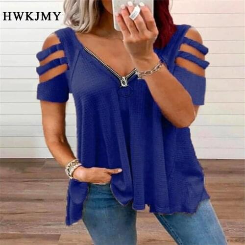 Women Fashion Summer Casual Off Shoulder Short Sleeved Tops Deep V-neck Zipper Blouses Ladies Solid Color T-shirt Loose 8XL