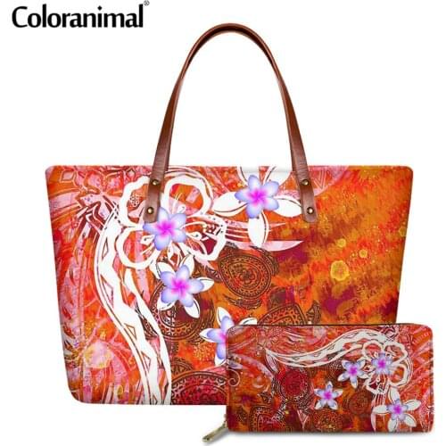Coloranimal Hawaiian Samoan Polynesian Ocean Floral Turtle Print Shoulder Bag for Women 2Pcs/Set Tote Handbag&Wallet Big Bolsa