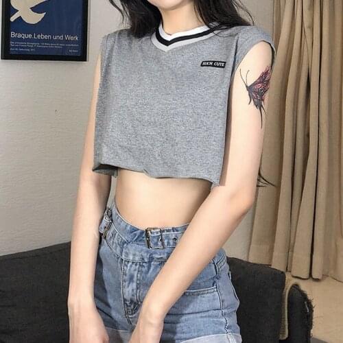 Women Summer Tank Tops Letters Print Splicing V-Neck Sleeveless Loose Crop Tops Sports Yoga Running Vest Fitness Gray