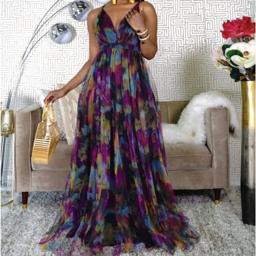 Summer Women Print V Neck Maxi Dress Spaghetti Strap Party Elegant Casual Dresses Open Back Halter Dress