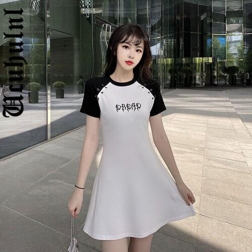 Ucuhulnl Dark Goth Dress Women Dread Embroidered Black and White Raglan Short Sleeve Dress Harajuku Sexy Y2k E-girl