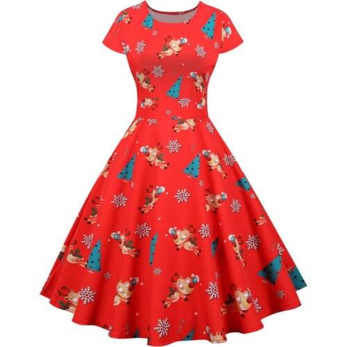 2021 Multicolor Print Red Christmas Gift Women Party Dress Swing A Line O Neck High Waist Cap Sleeve Vintage 50S Style Clothes