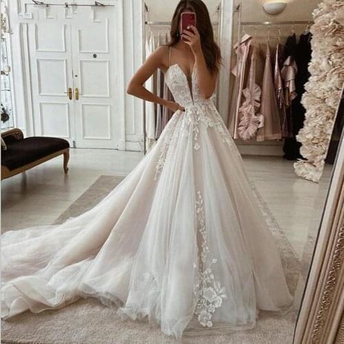 BEPEITHY A Line Wedding Dress Deep V Neck Wedding Dresses For Women Spaghetti Straps Sexy Vestidos De Novia Bridal Gown 2021
