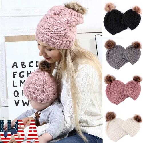 Pudcoco Winter Casual Women Kids Baby Child Warm Winter Knit Beanie Mom Kids Family Hat Crochet Cap