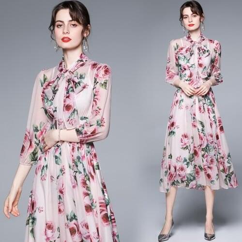 ZUOMAN Women Elegant Floral Chiffon Dress Festa High Quality Long Pink Wedding Party Robe Femme Vintage Bow Designer Vestidos