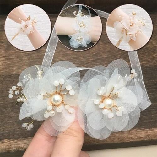 1PC Elegant With Ribbon Hand Flower Wrist Flowers Party Bracelet Artificial Wedding Accessories