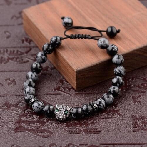 2020 CZ Leopard Head Men Bracelet Homme 8MM Fashion Charm Black Stone Bracelet For Men Jewelry Gift