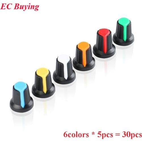 30Pcs/lot WH148 Potentiometer Knob Cap 6mm Shaft Hole Yellow Orange Blue White Red Green Color Colorful 6value*5PCS=30PCS