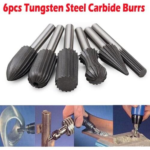 6pcs 6mm Shank Tungsten Steel Carbide Burrs File Rotary Cutter Wood Carving Bit Accessories