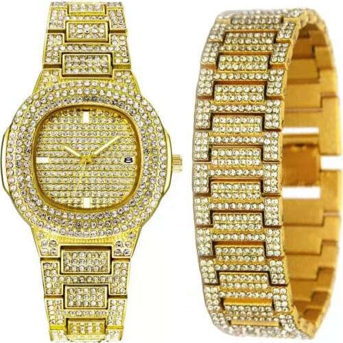 Iced Out Watch Bracelet for Men Business Quartz Wristwatch Hip Hop Gold Diamond Mens Watch Set Cool Luxury Fashion Reloj Hombre