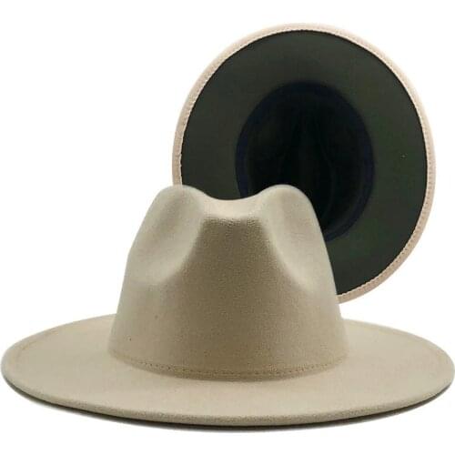 Cream with Olive Bottom Patchwork Two Different Color Fedora Hats Four Seasons Women Jazz Party Cap Men Panama Church Hat
