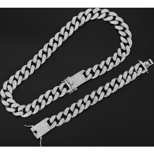 20mm Miami Prong Cuban Chain Link Silver Color Necklaces 2 Row Full Iced Out Rhinestones Bracelet Set for Mens Hip Hop Chains