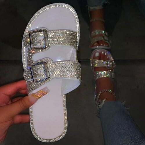 Summer Luxury Women Slippers Rhinestone Flat Double Buckle Decoration Open Toe Lightcolor Fashion Sexy Ladies Shoes Female 2021