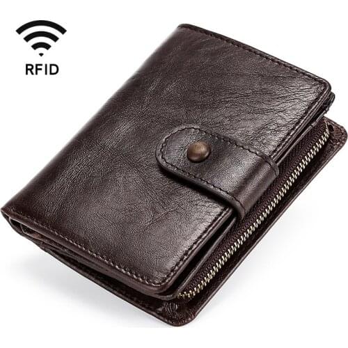 Crazy Horse Cowhide Multifunctional Leather Men Wallets Short Male Purse Card Holder RFID Buckle Casual Retro Wallet