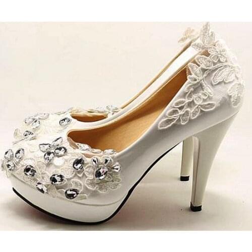11CM high heels platforms ivory lace wedding shoes bride luxury silver crystal big stone rhinestones bridal wedding pumps woman