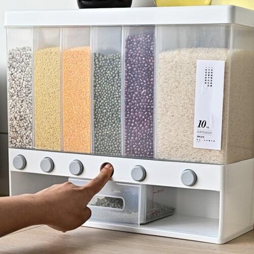 Wall Mounted Rice Dispenser Separate Rice Cereal Bucket Moisture Proof Automatic Rack Sealed Food Storage Box Grain Storage Tank